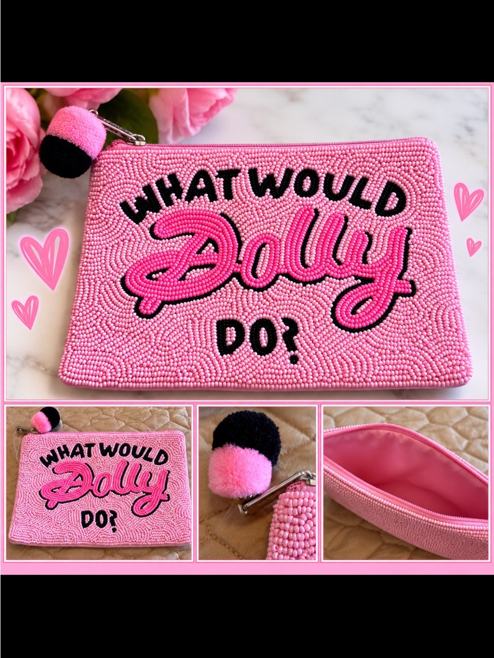 Pink Beaded 'What Would Dolly Do?' Wristlet Pouch